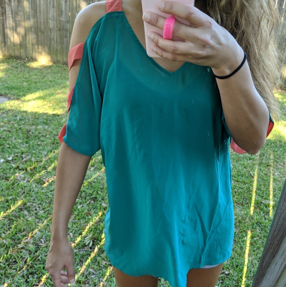 Green sheer top with cut out sleeves